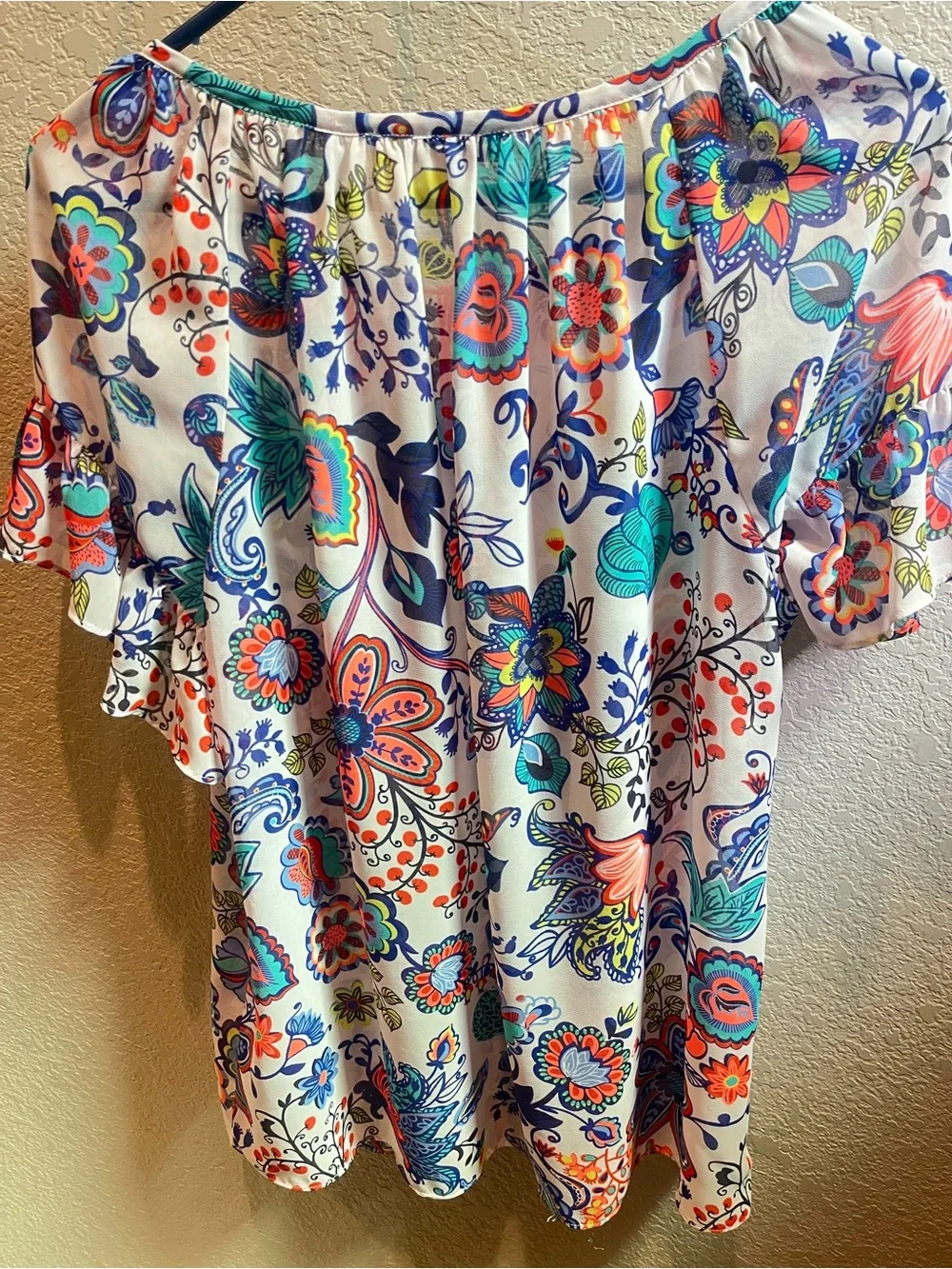 Milly White Floral Boho Sheer Blouse with Multicolor Print and Coral Tassel